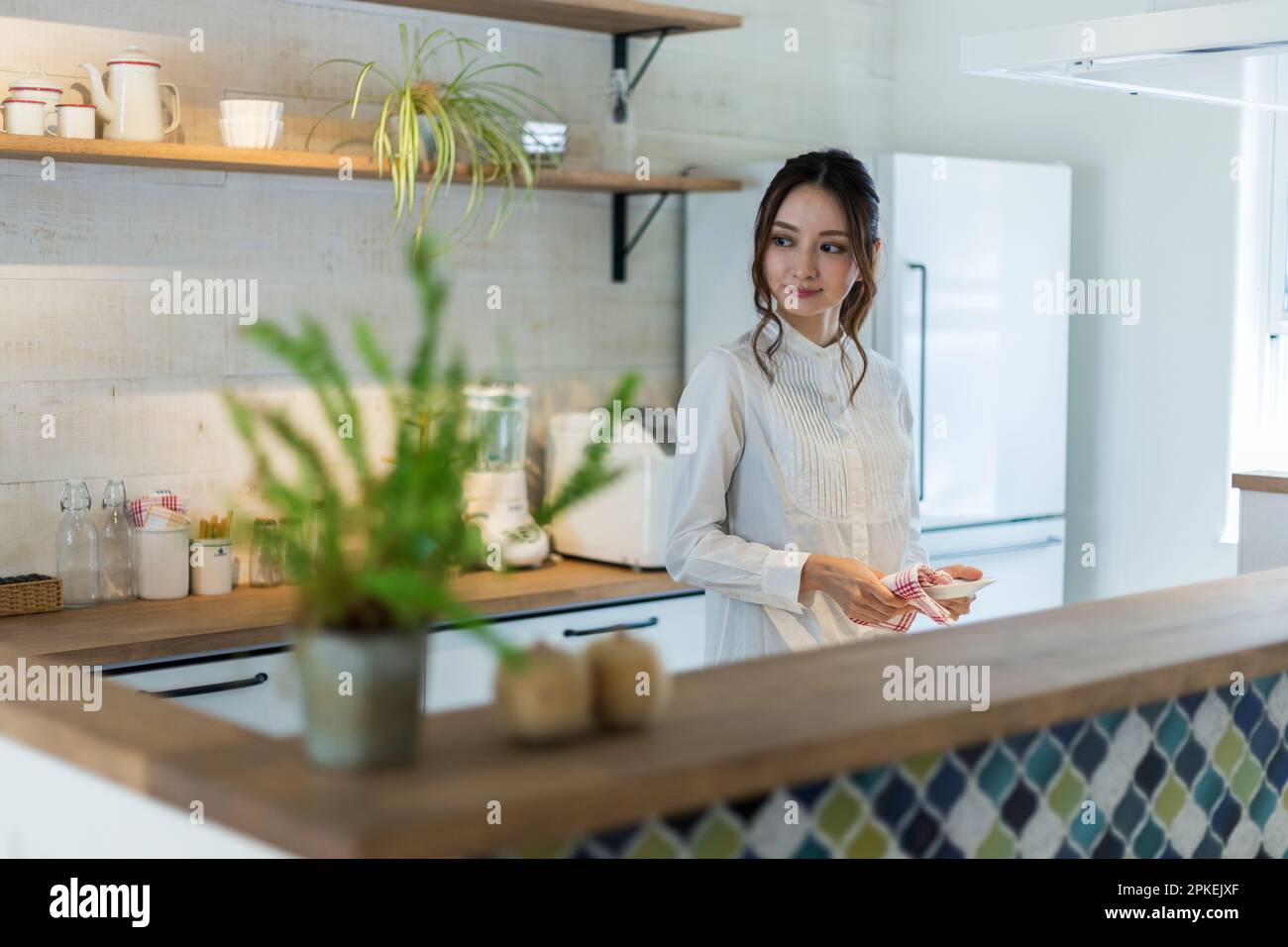 Donna che fa il lavoro di casa in cucina Foto Stock