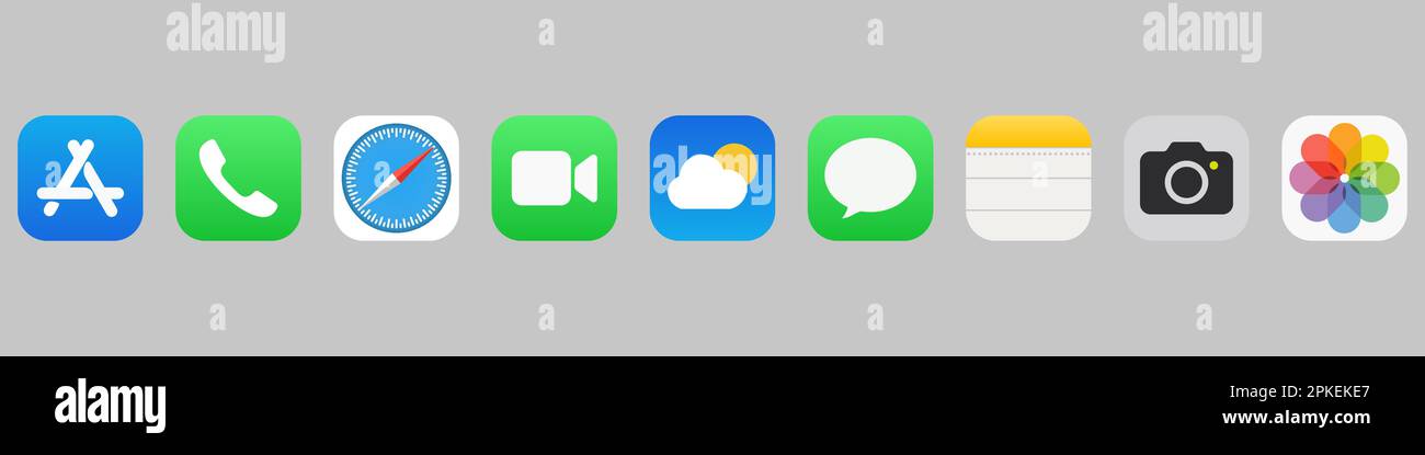 Vinnitsa, Ucraina - 14 dicembre 2022: Set di icone per i programmi di interfaccia IOS di Apple. Illustrazione Vettoriale