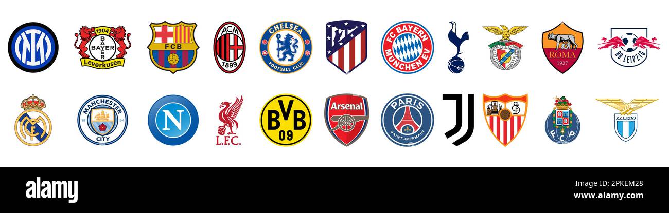 Vinnitsa, Ucraina - 5 dicembre 2022: Calcio. Set di icone dei club delle squadre di calcio europee più popolari. Illustrazione editoriale vettoriale Illustrazione Vettoriale