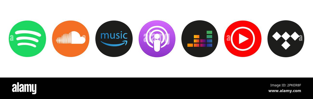 Vinnitsa, Ucraina - 19 dicembre 2022: MMusic, podcast programmi di streaming icone set. Illustrazione Vettoriale