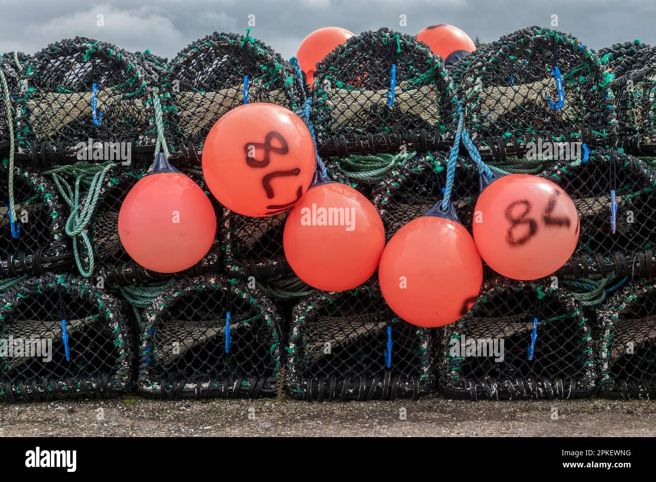Primo piano delle trappole e delle boe dell'aragosta in Scozia, Regno Unito Foto Stock