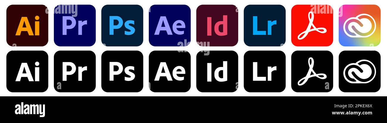 Vinnitsa, Ucraina - 30 dicembre 2022: Set di icone del logo dei programmi Adobe Illustrazione Vettoriale
