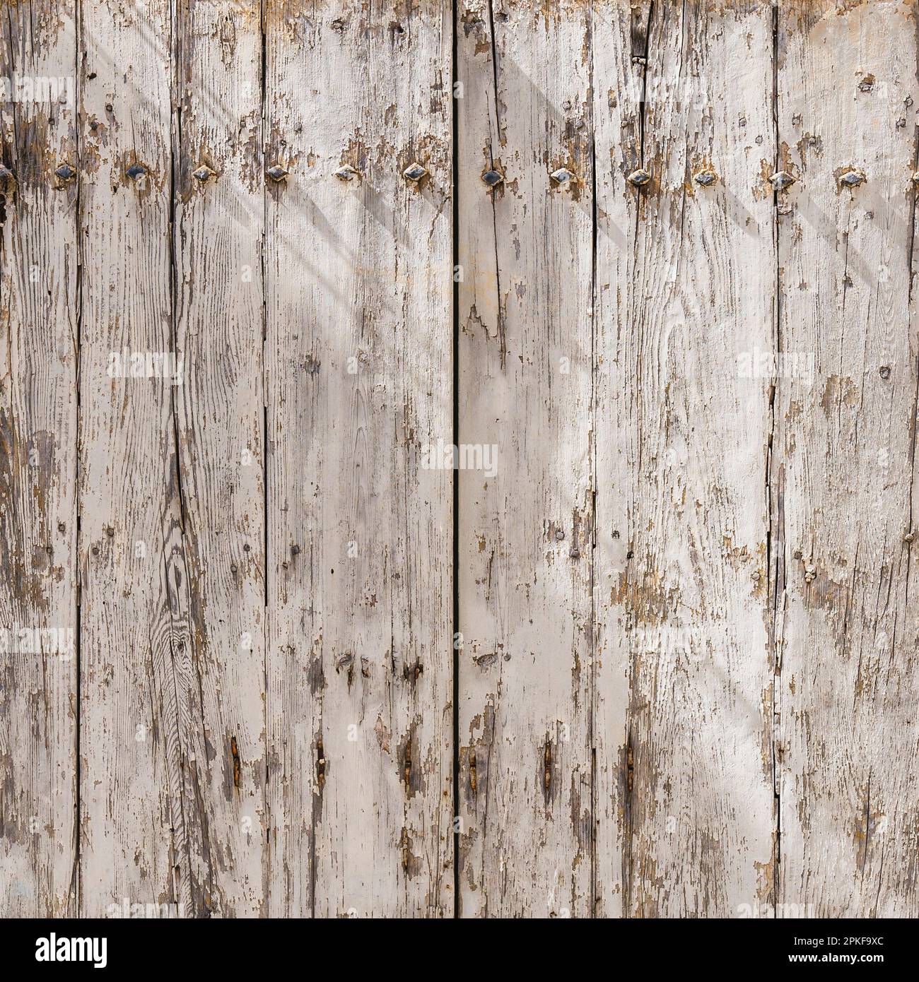 Sbucciare la vernice bianca su una porta di legno in Toscana Foto Stock