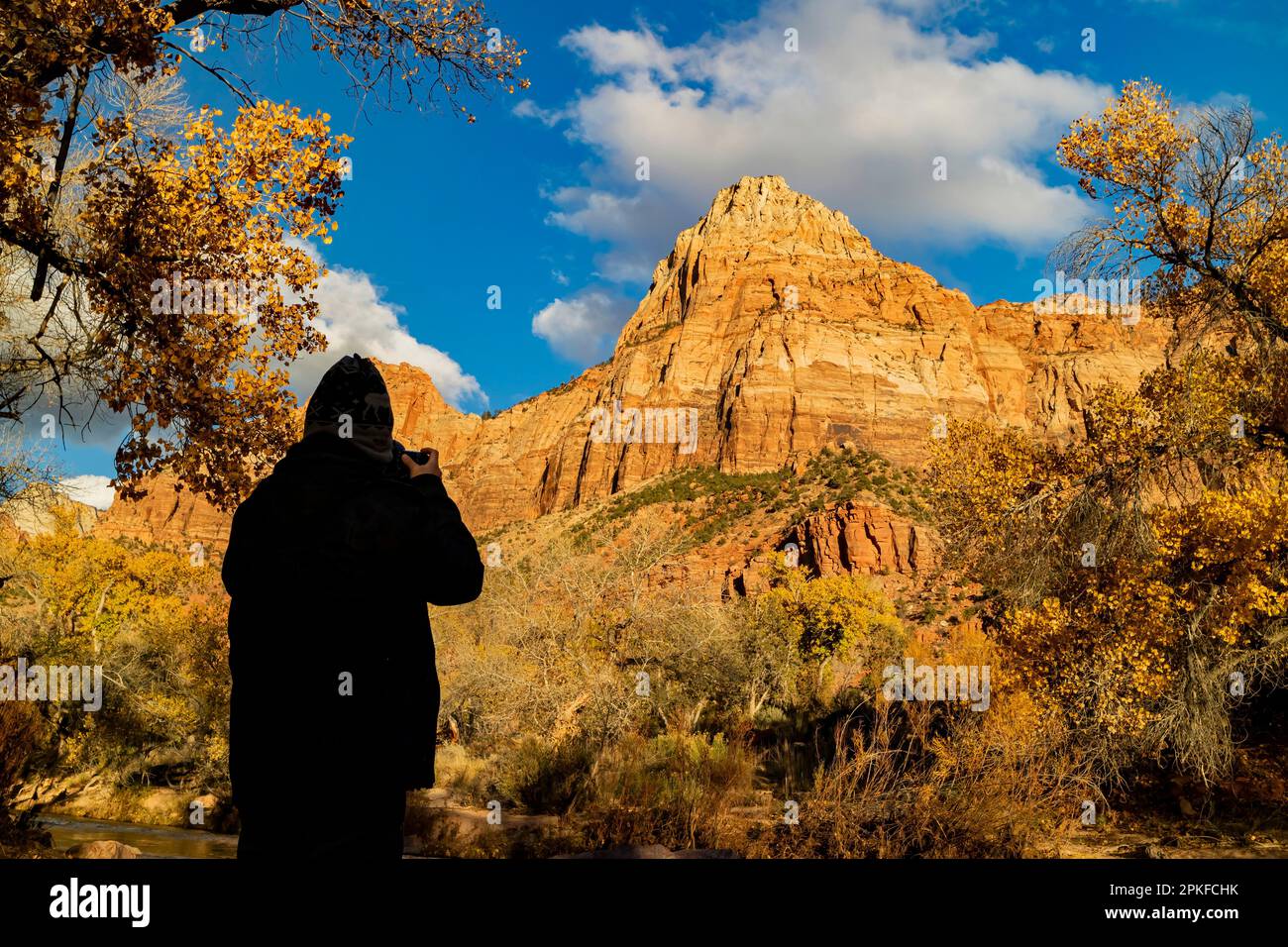Fotografo che fotografa il paesaggio autunnale dello Zion National Park dello Utah Foto Stock