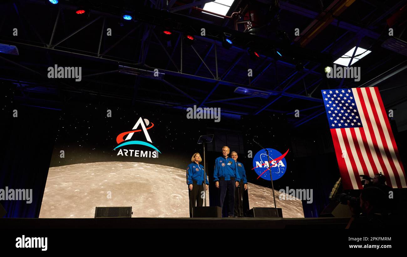 Il team di leadership della NASA presenta l'equipaggio Artemis II a Houston, USA, il 3 aprile 2023 Foto Stock