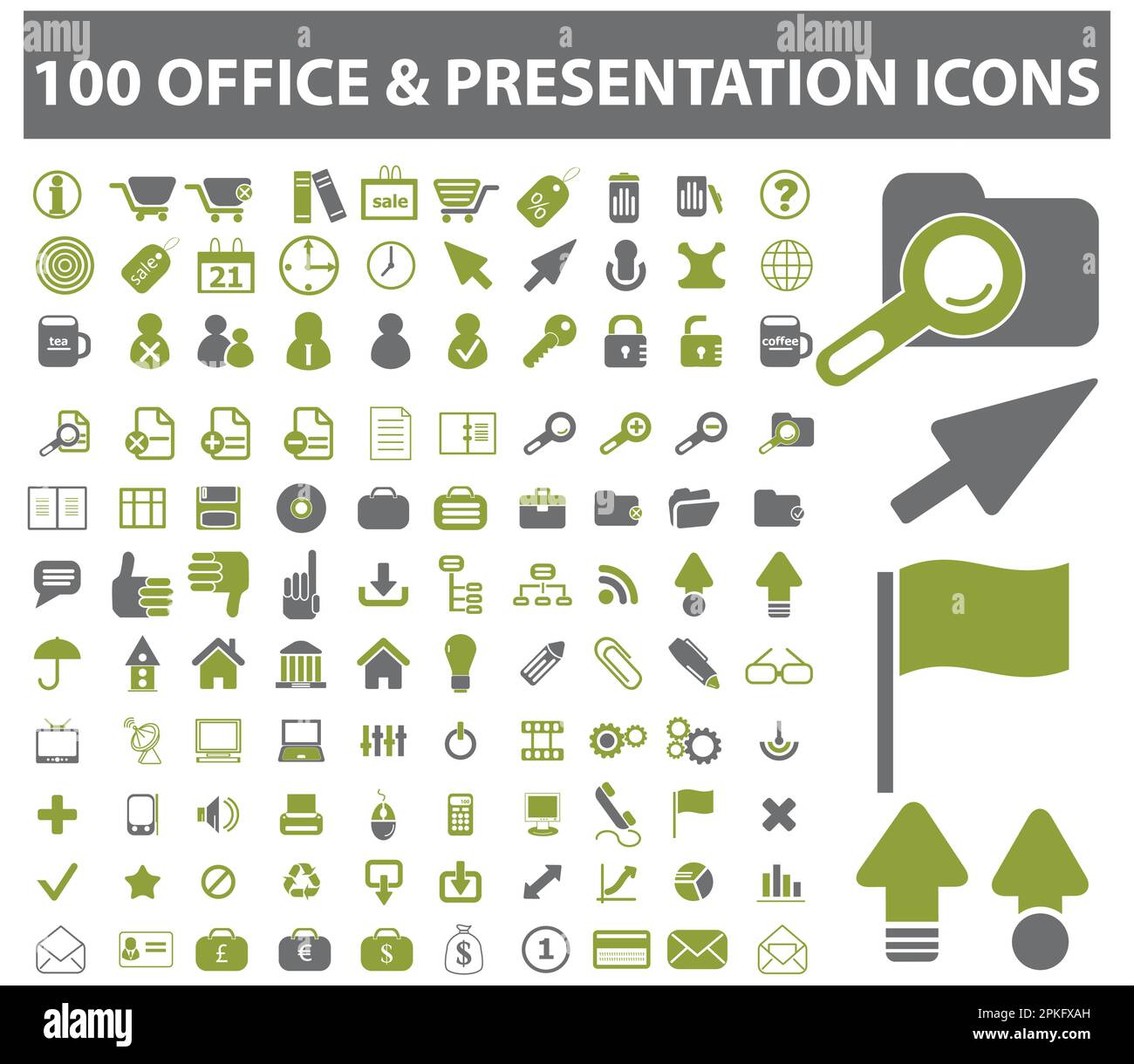Una serie di 100 icone di presentazione e icone di ufficio illustrazione vettoriale Illustrazione Vettoriale