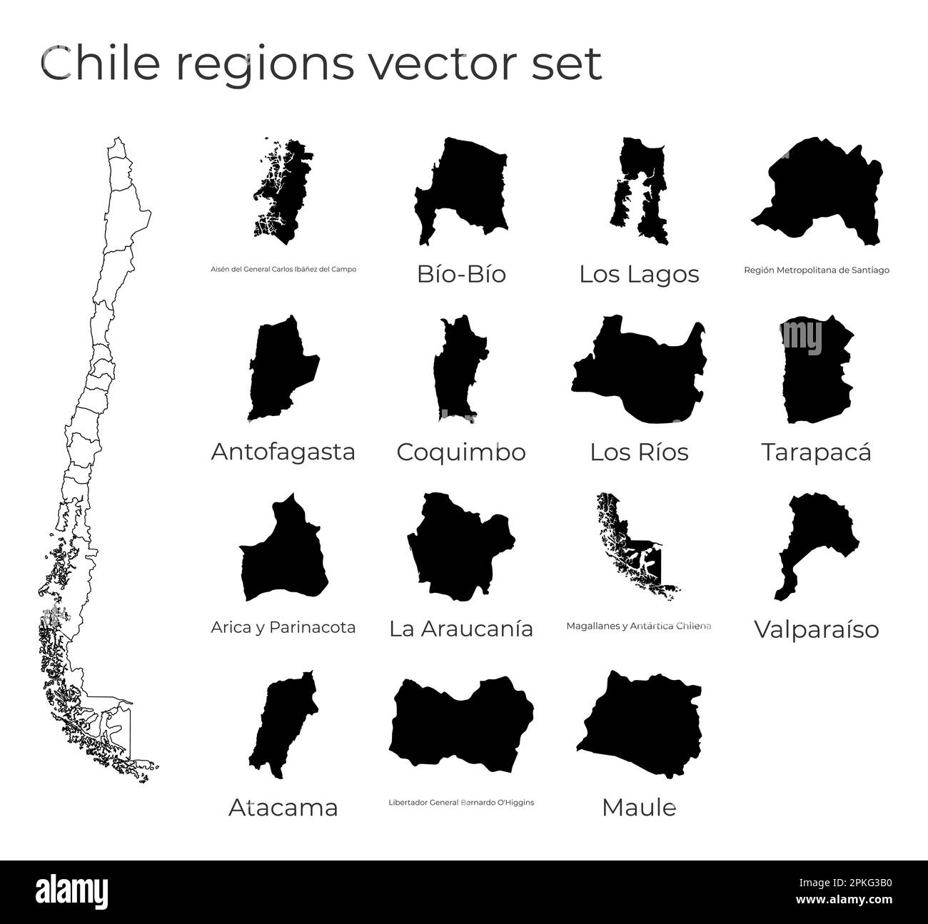 Mappa del Cile con forme di regioni. Mappa vettoriale vuota del paese con regioni. Confini del paese per la vostra infografica. Illustrazione vettoriale. Illustrazione Vettoriale