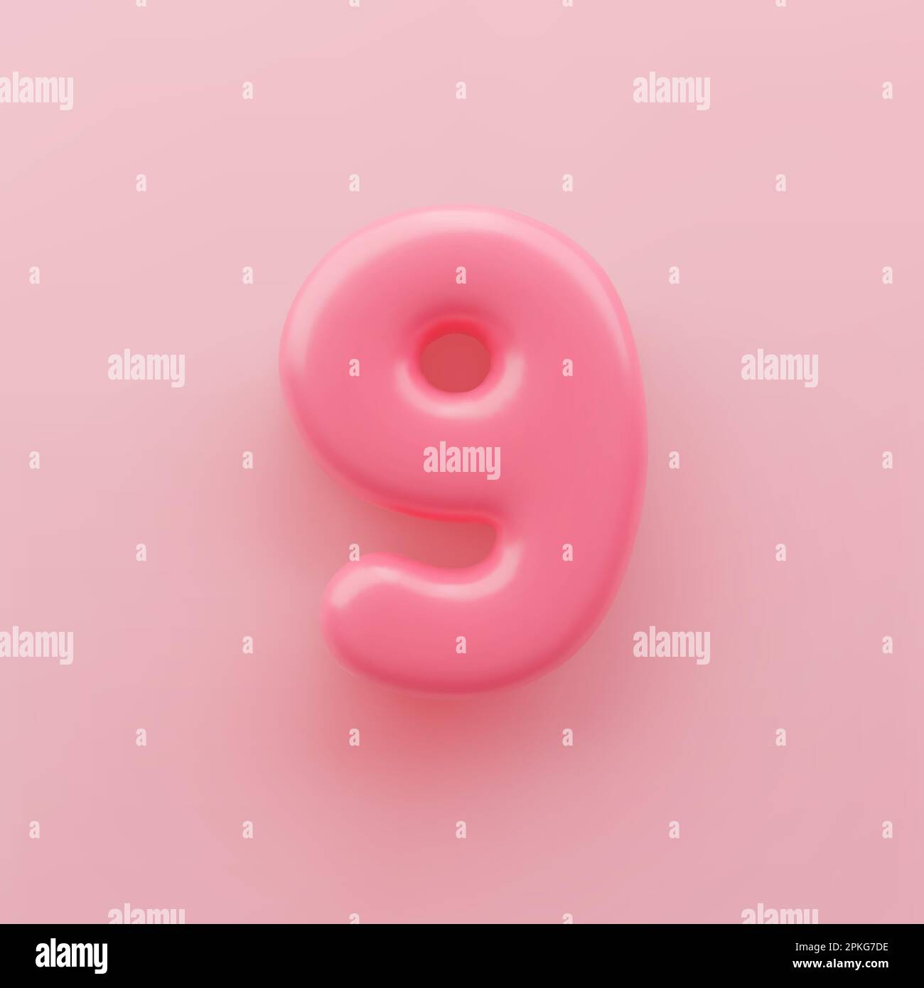3D numero rosa 9 con superficie lucida su sfondo rosa. Illustrazione Vettoriale