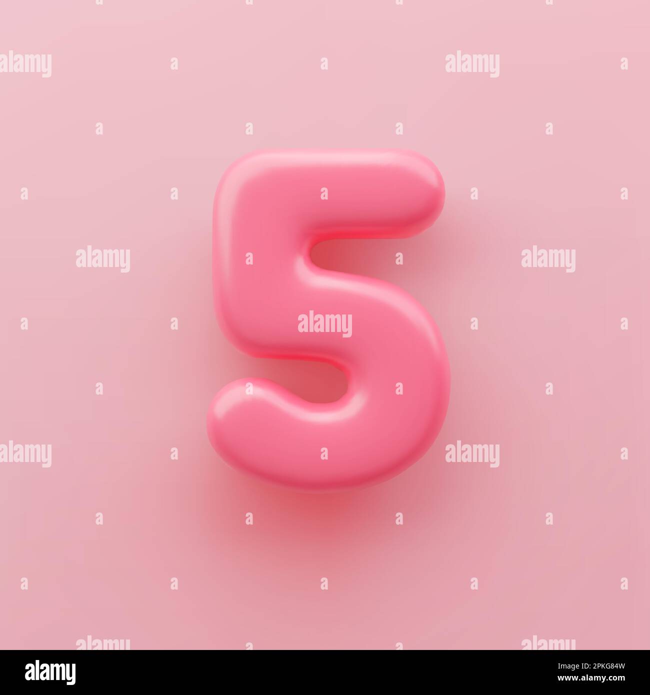 3D numero rosa 5 con superficie lucida su sfondo rosa. Illustrazione Vettoriale