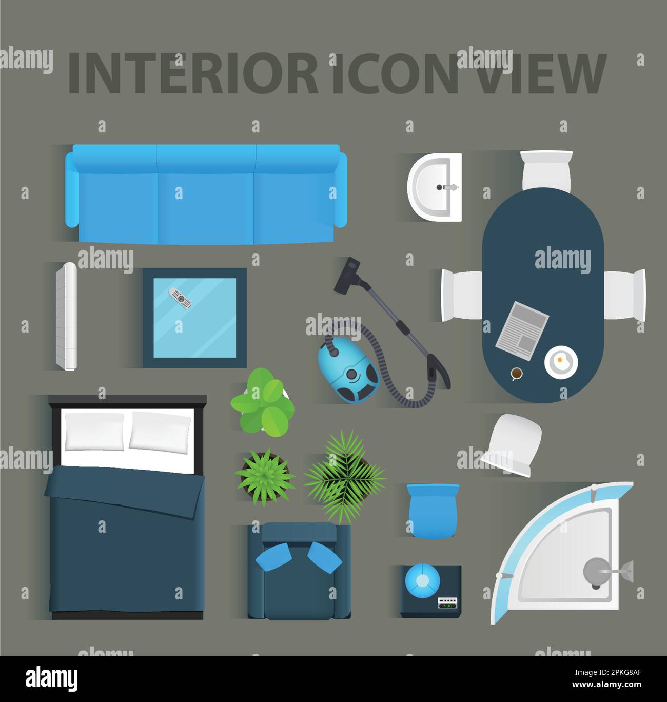 Impostare la vista dall'alto per il design delle icone degli interni. Illustrazione vettoriale isolata. Icona vista dall'alto interna piatta Illustrazione Vettoriale