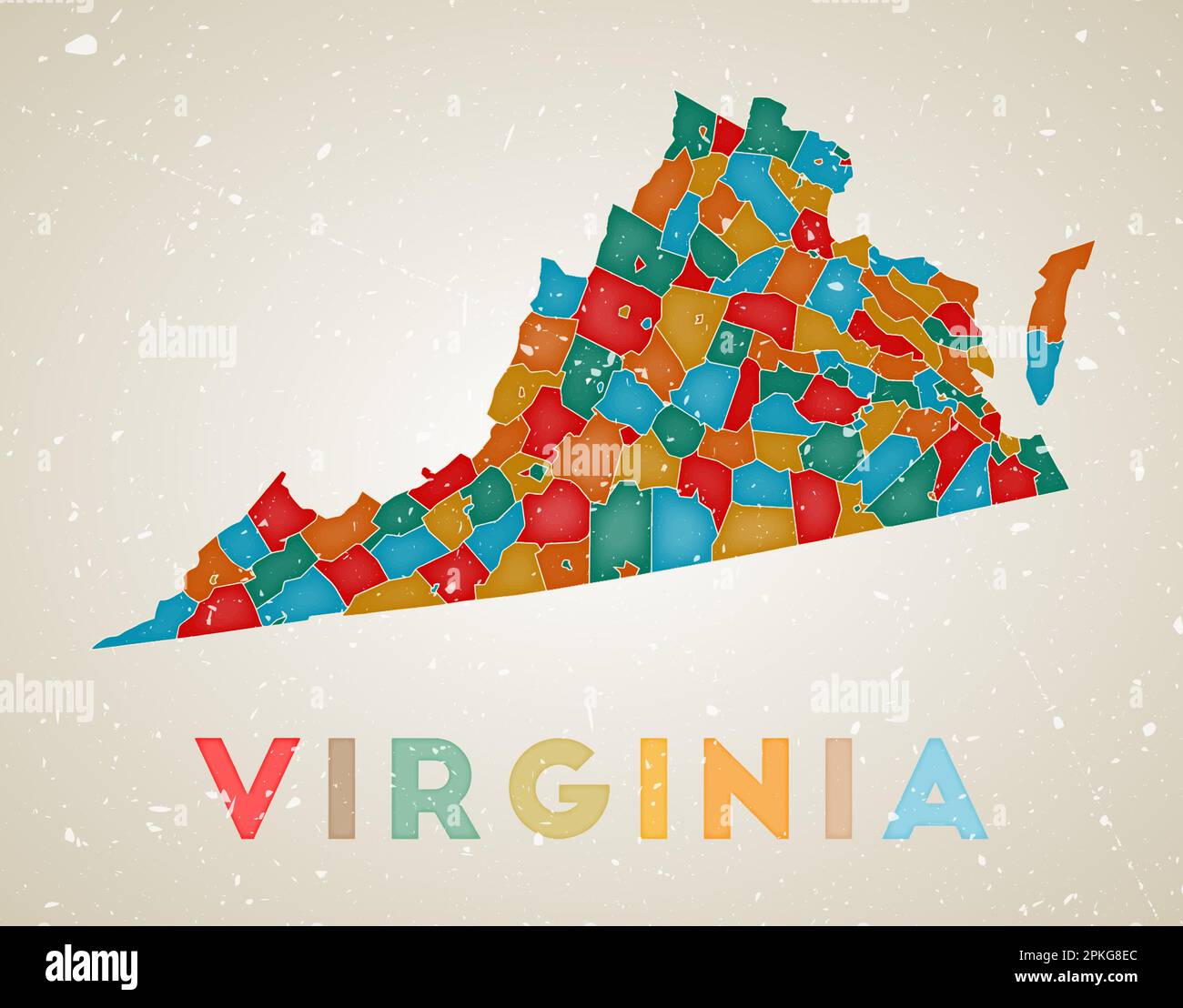 Mappa della Virginia. Poster di stato DEGLI STATI UNITI con regioni colorate. Vecchia trama grunge. Illustrazione vettoriale della Virginia con il nome dello stato statunitense. Illustrazione Vettoriale
