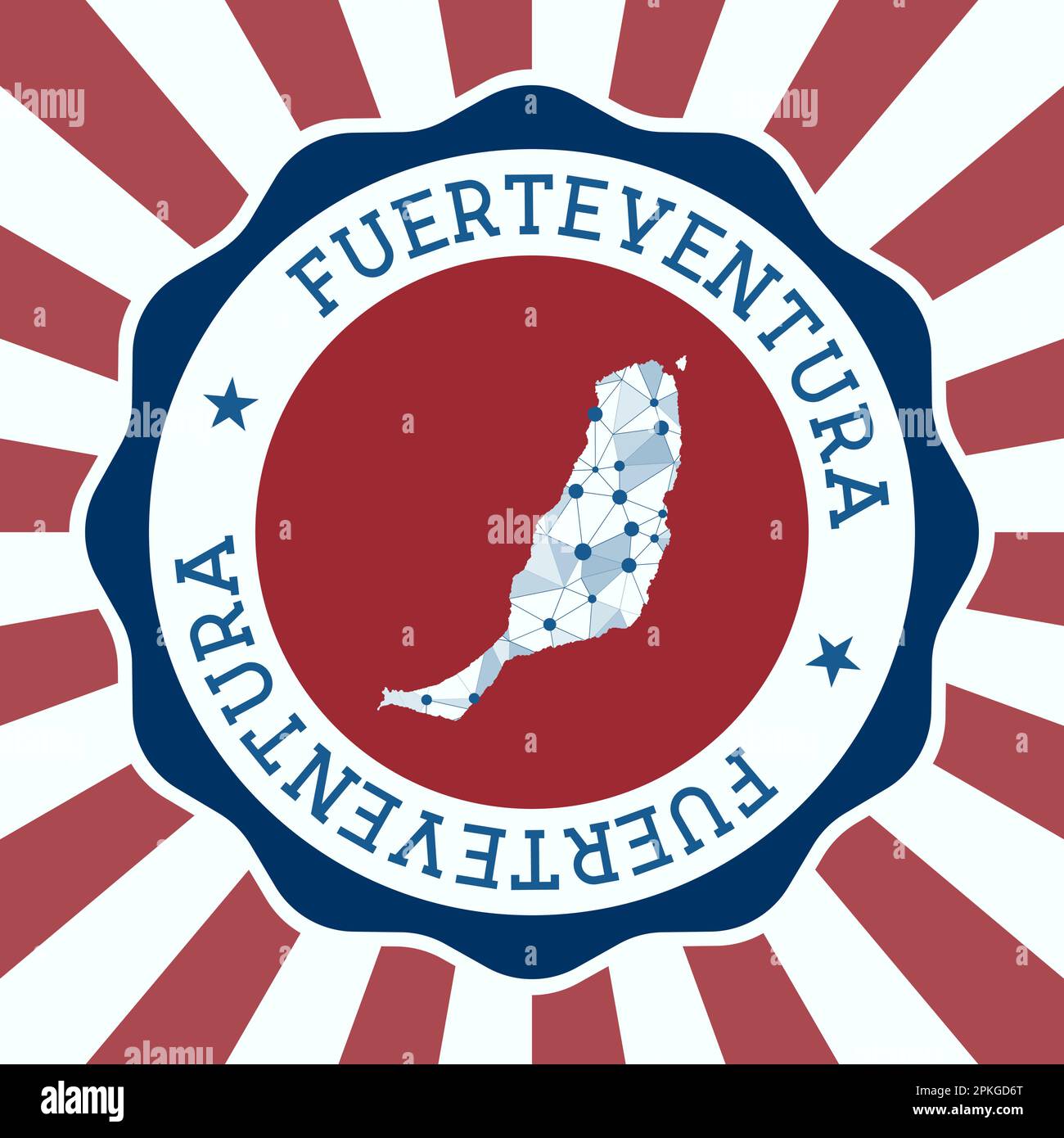 Distintivo Fuerteventura. Logo rotondo dell'isola con mappa a maglia triangolare e raggi radiali. Vettore EPS10. Illustrazione Vettoriale