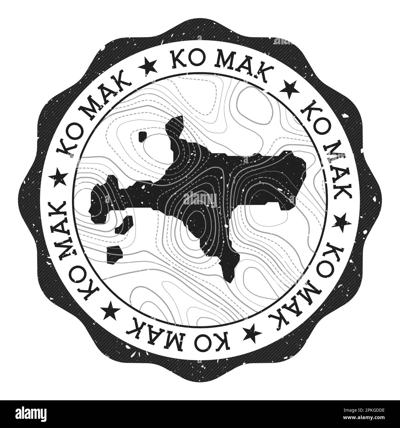 Francobollo per esterni Ko Mak. Adesivo rotondo con mappa dell'isola con isoline topografiche. Illustrazione vettoriale. Illustrazione Vettoriale