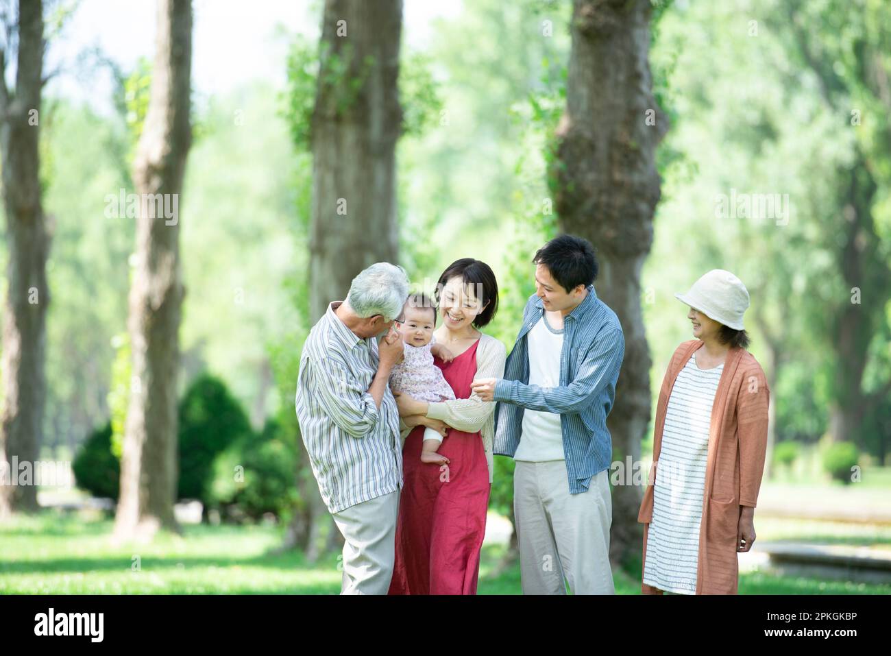 Una famiglia di tre generazioni che chiacchiera in una fila di alberi di pioppo Foto Stock