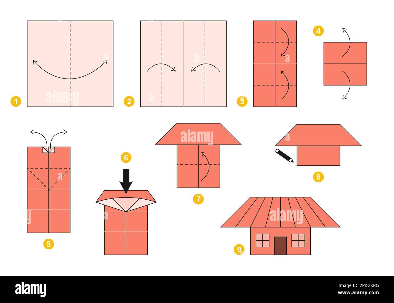 Origami tutorial per bambini. Origami bella casa. Illustrazione Vettoriale