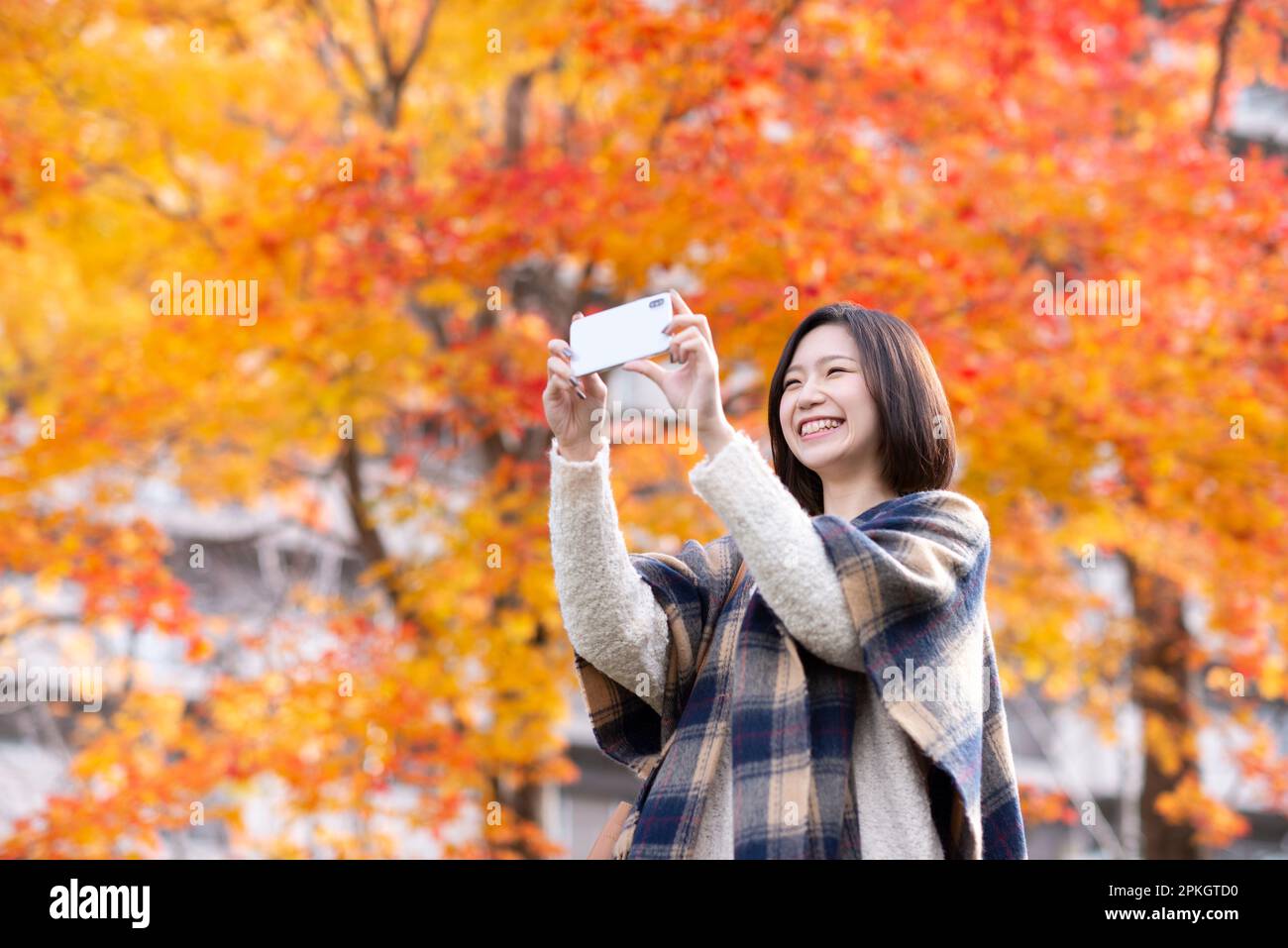 Donna che fotografa le foglie autunnali con uno smartphone Foto Stock