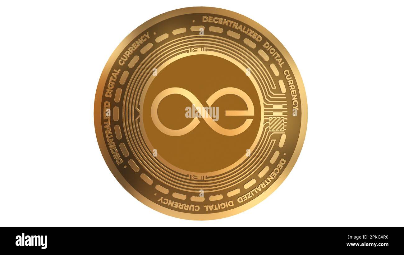 Golden Cryptocurrency of Aeternity AE Sign isolato su sfondo bianco Foto Stock