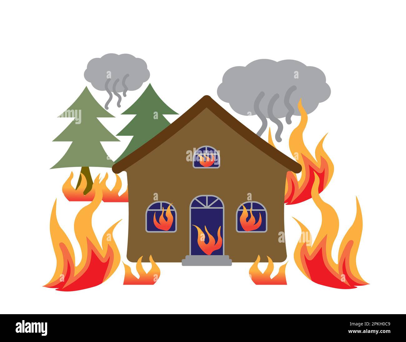 Una casa e una foresta bruciano con il fumo, causato dal clima caldo, dal riscaldamento globale e dal cambiamento climatico. Concetto di disastro naturale. Clip art Foto Stock