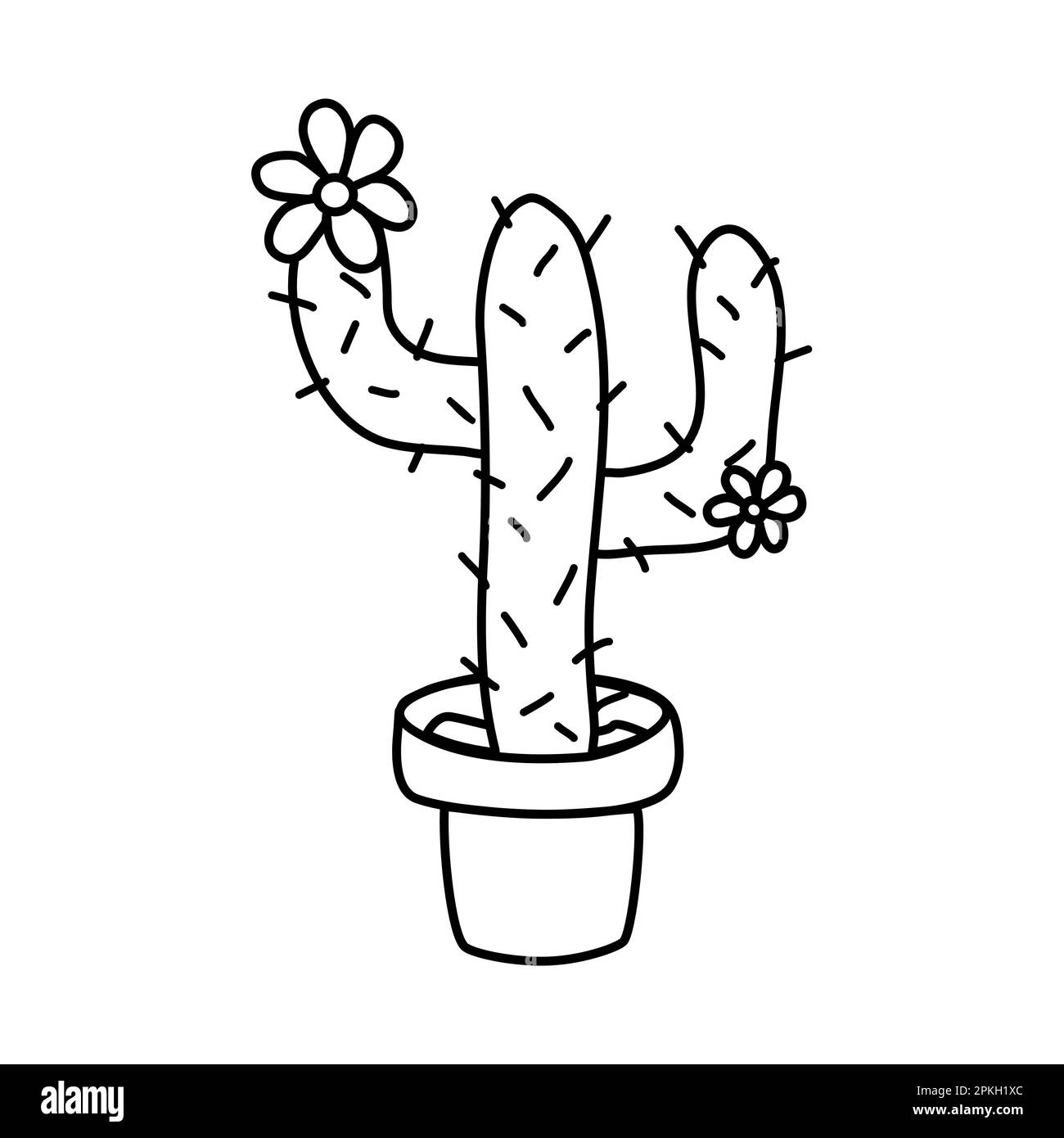 Saguaro o Carnegia cactus con fiori in vaso, disegno vettoriale a forma di doodle piatto Illustrazione Vettoriale