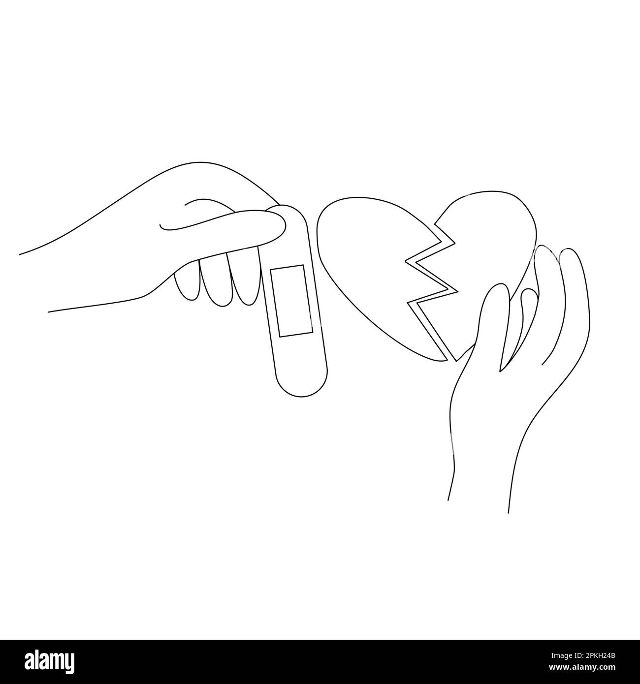 Due mani cercando di riparare il cuore rotto con una patch, concetto di riconciliazione, stile doodle disegno piano vettoriale per bambini libro da colorare Illustrazione Vettoriale