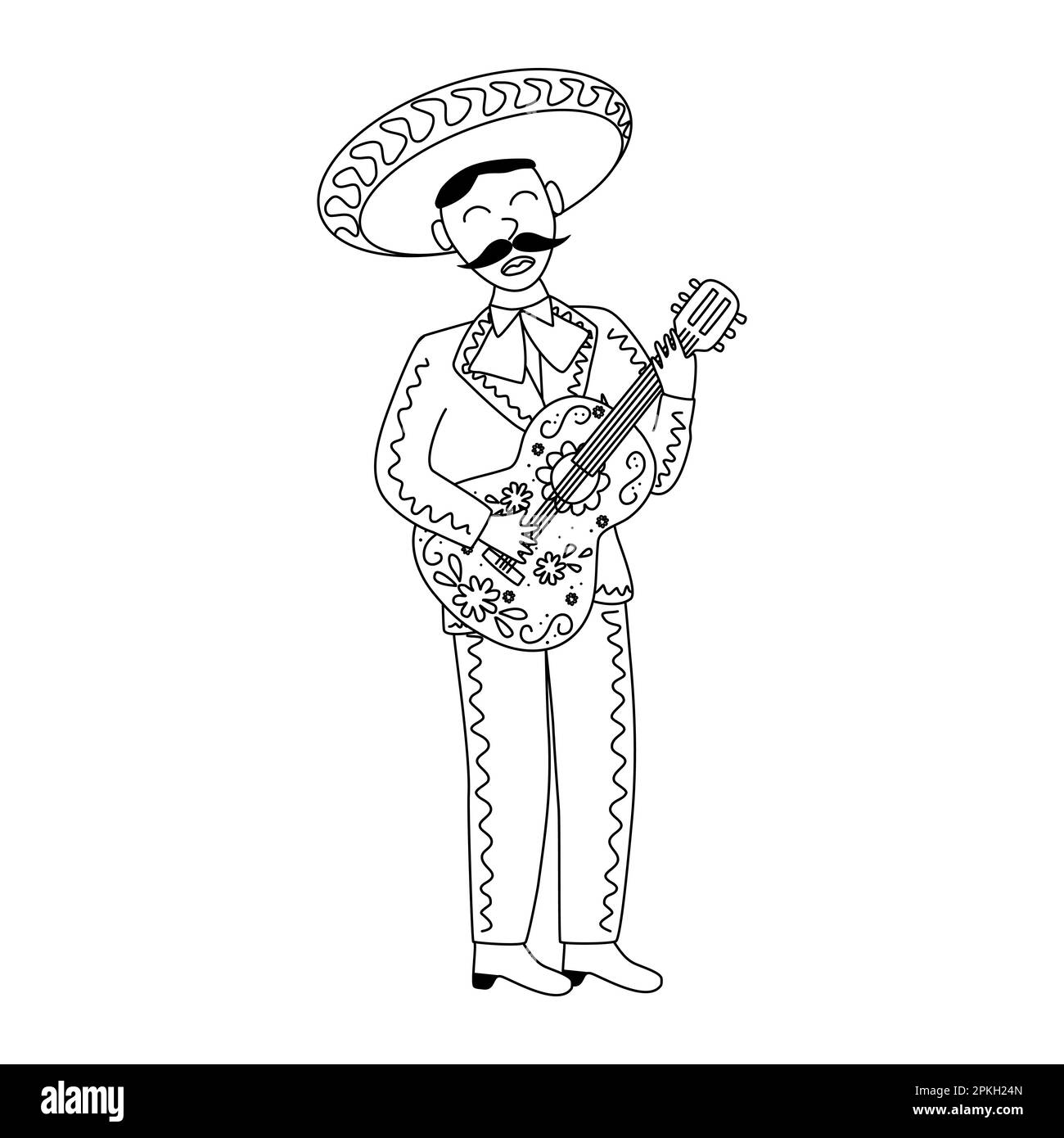 Mariachi musicista con chitarra, disegno vettoriale piatto stile doodle per bambini libro da colorare Illustrazione Vettoriale