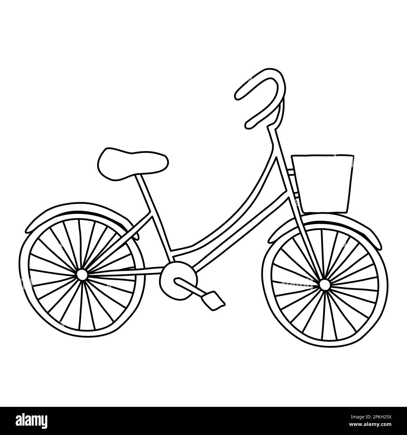 Bicicletta Cartoon con telaio basso e cesto davanti, disegno vettoriale piatto stile doodle per bambini libro da colorare Illustrazione Vettoriale