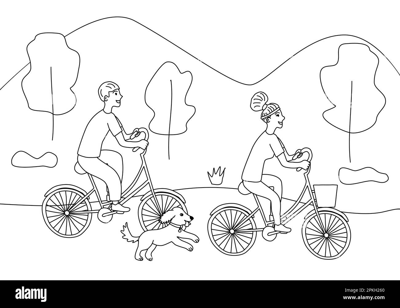 Uomo e donna che viaggiano in bicicletta nel parco, cane che corre nelle vicinanze, viaggio in famiglia, disegno vettoriale piatto stile doodle per bambini libro da colorare Illustrazione Vettoriale