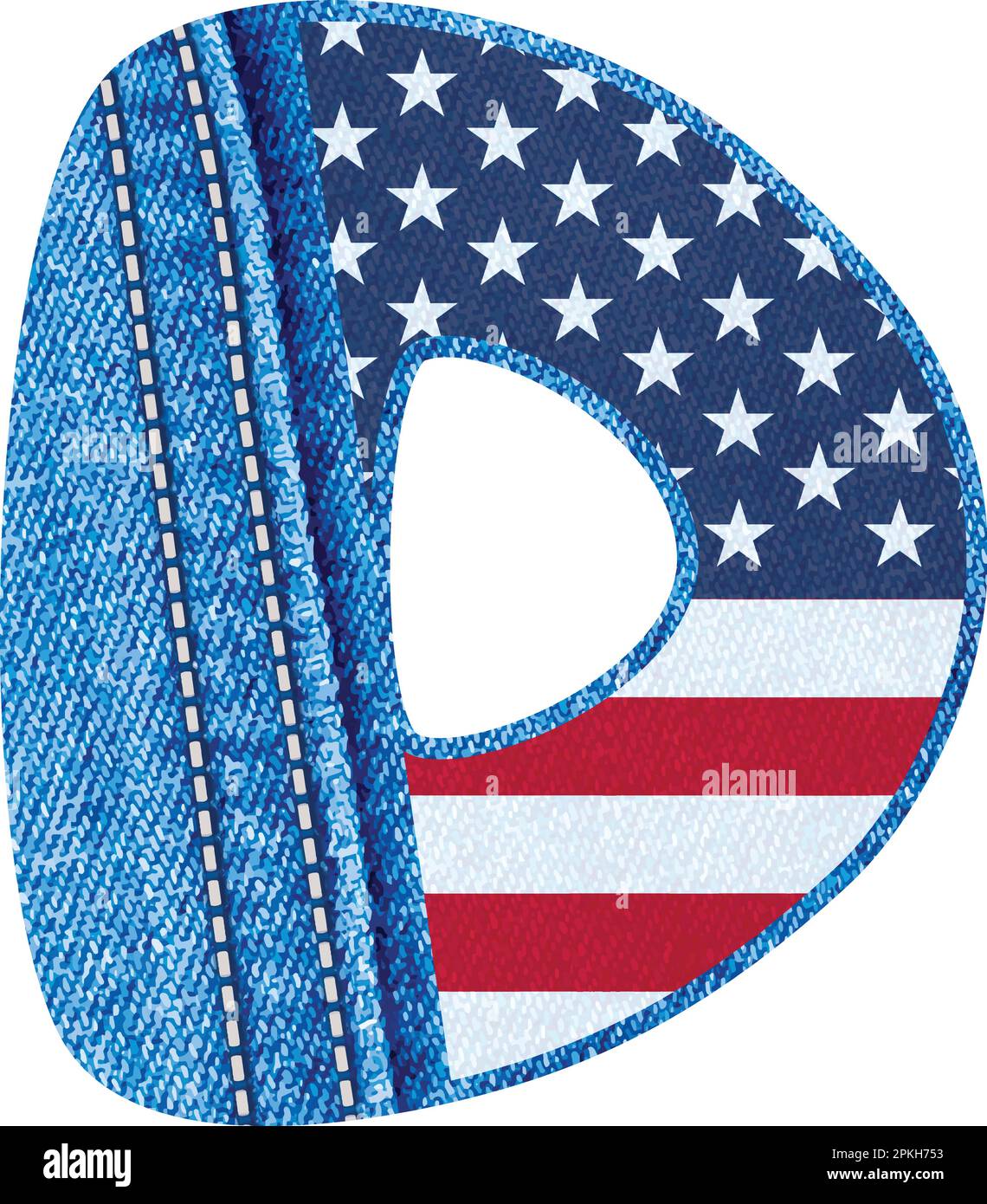 Lettera D con la texture di tessuto di denim blu e bandiera degli Stati Uniti, il monogramma D con tessuto di jean e bandiera americana - alfabeto di tessuto di denim A Z Illustrazione Vettoriale