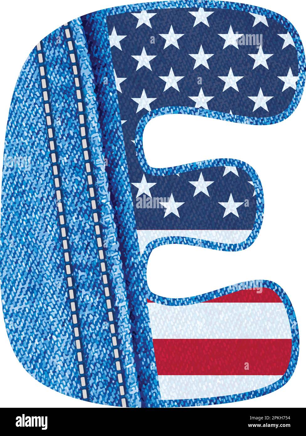 Lettera e con la texture del tessuto denim blu e bandiera degli Stati Uniti - il monogramma e con tessuto jean e bandiera americana - alfabeto tessuto jean Dalla A alla Z Illustrazione Vettoriale