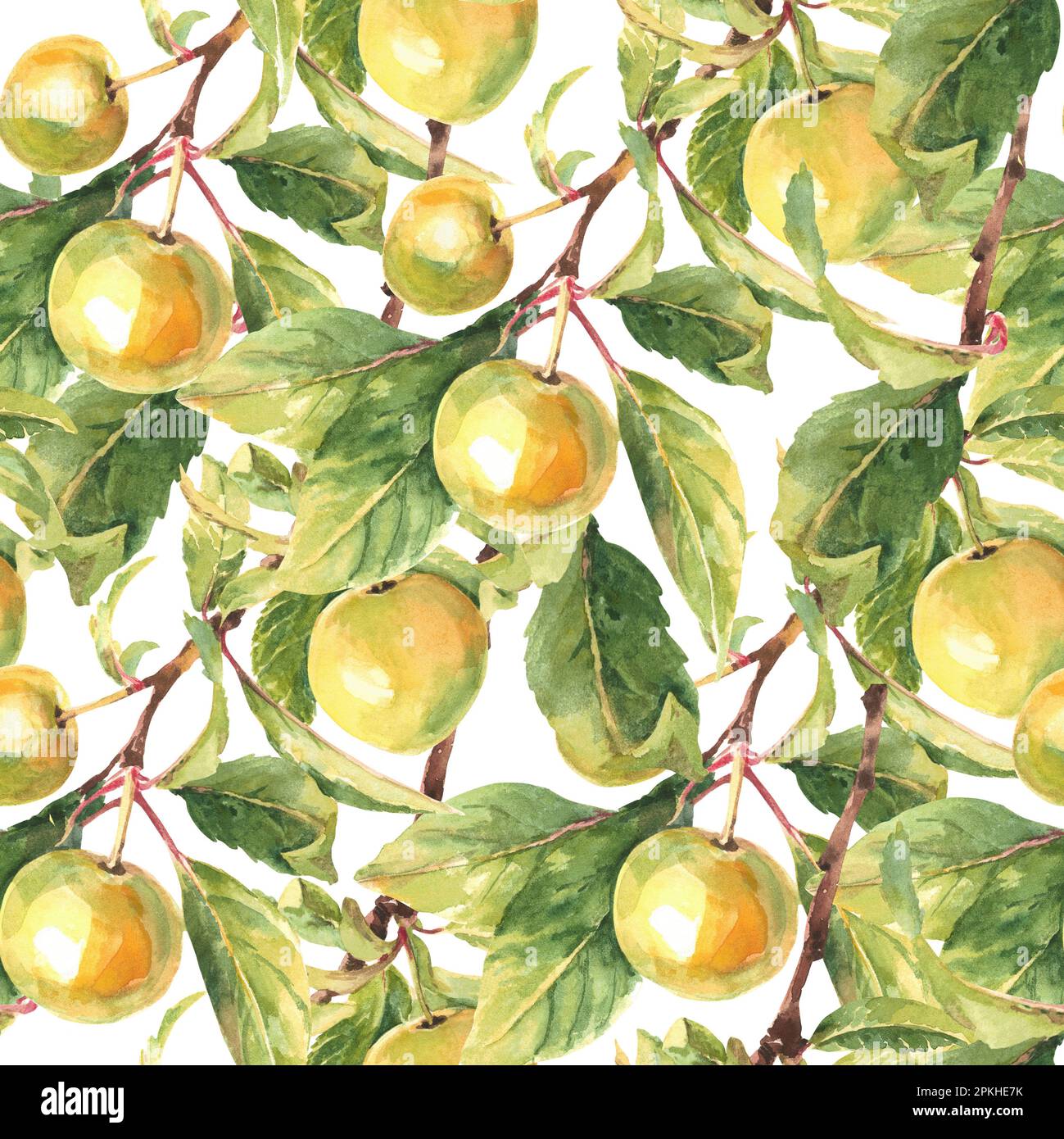 Senza cuciture modello bello albero di mela rami con mele gialle. illustrazione acquerello Foto Stock