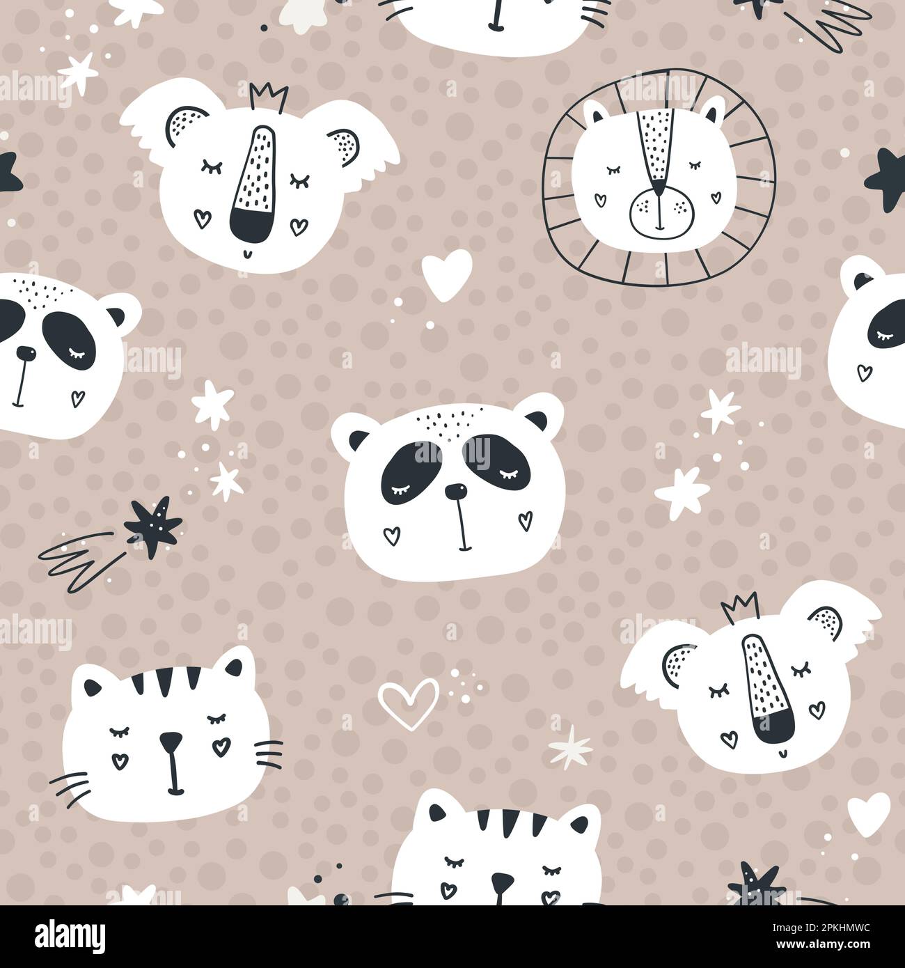 Colore vettoriale disegno a mano senza cuciture ripetizione motivo cute infantile con animali carini e cuori in stile scandinavo. Illustrazione Vettoriale