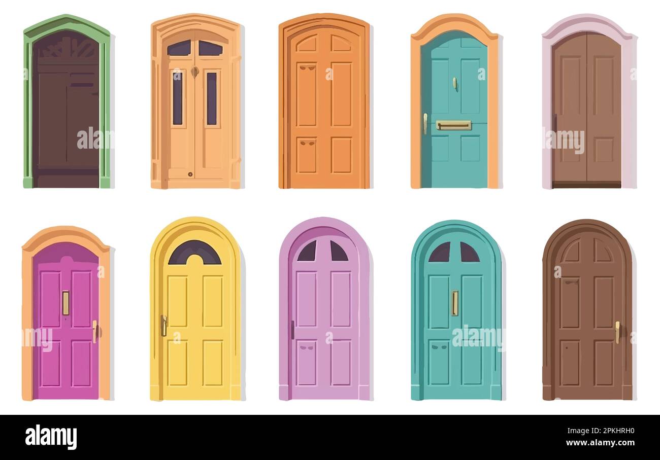 impostare l'illustrazione vettoriale delle porte per esterni multicolore isolate su bianco Illustrazione Vettoriale