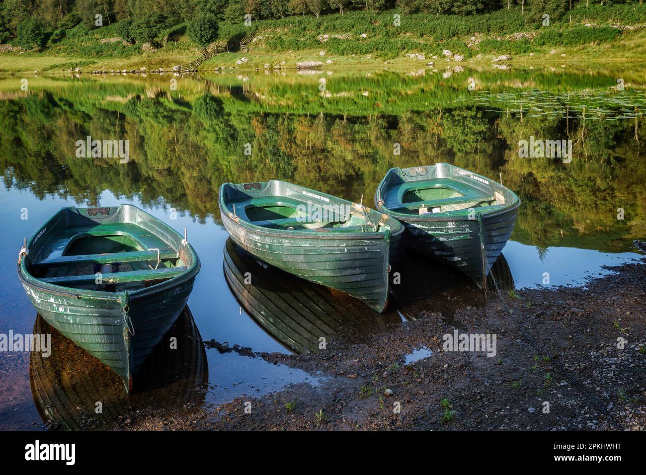 Barche a remi ormeggiate a Watendlath Tarn nel Lake District Cumbria Foto Stock