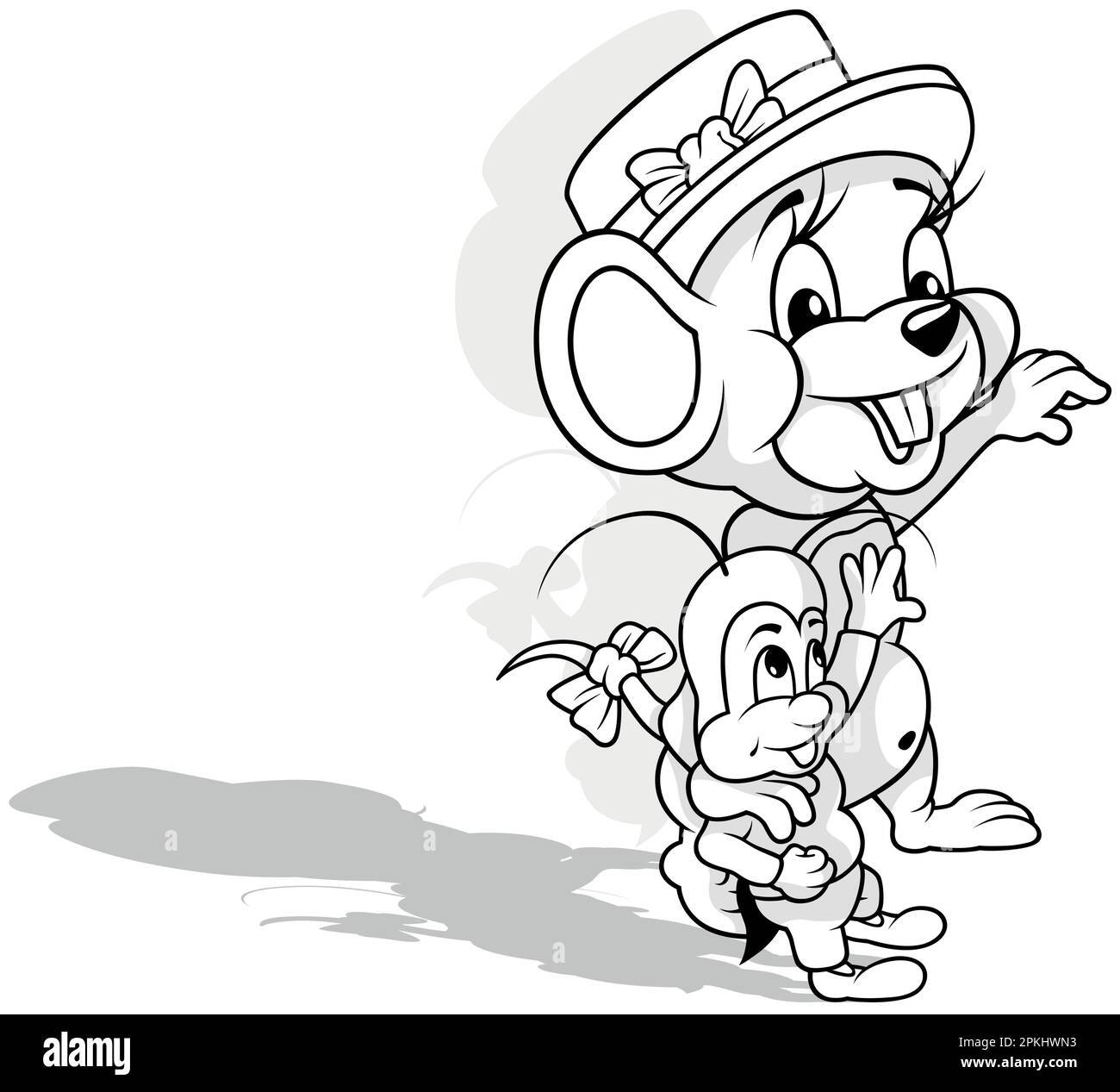 Disegno di un mouse carino con un piccolo cricket Illustrazione Vettoriale