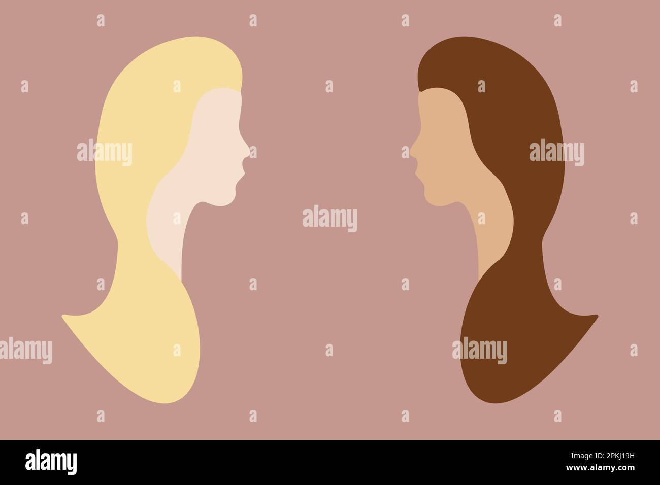 Due donne di razze diverse parlano tra loro. Una bionda con pelle chiara e una donna dai capelli castani con pelle gialla su sfondo beige. Illustrazione Vettoriale