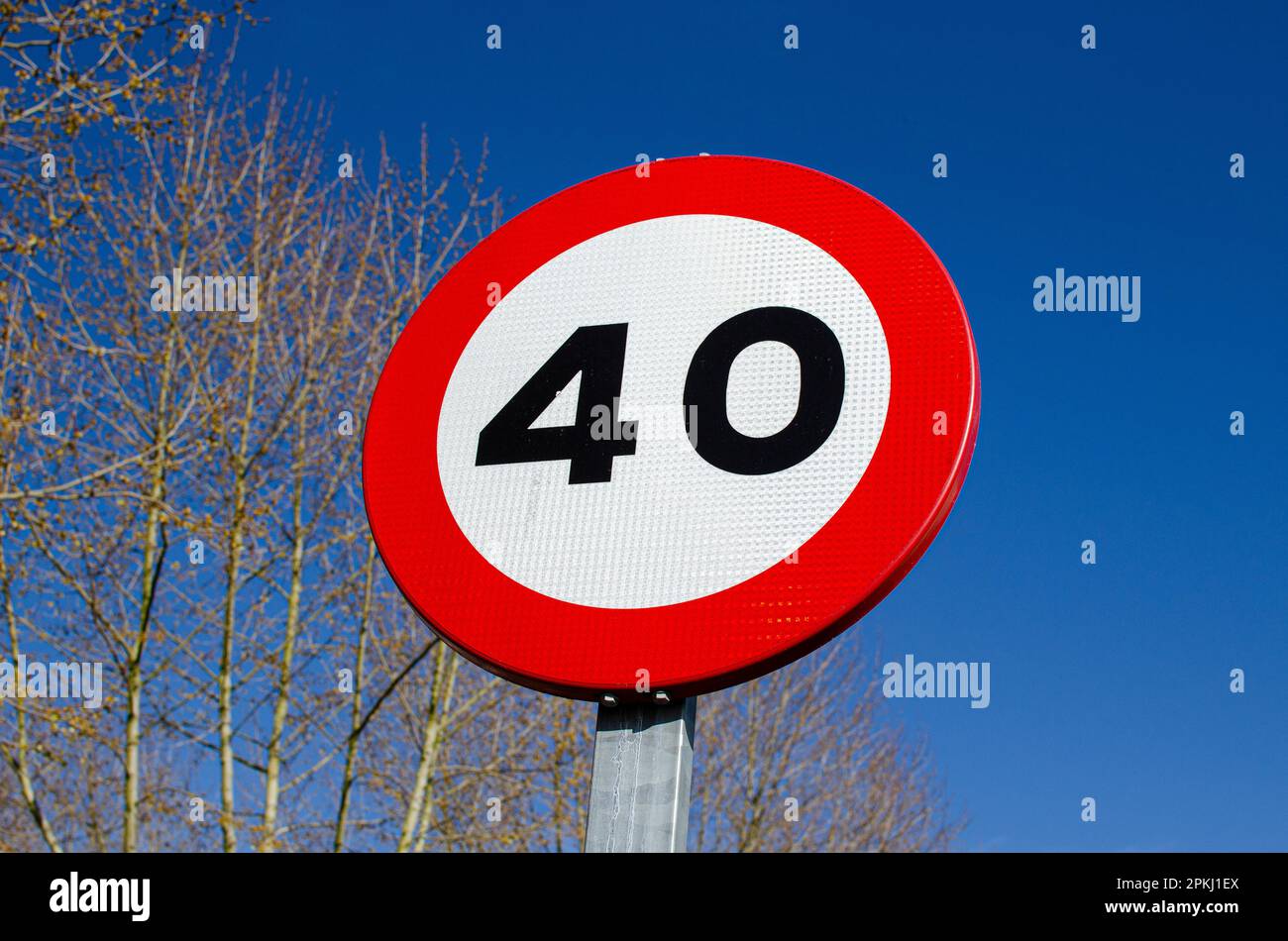 cartello stradale che vieta di superare i 40 km all'ora Foto Stock