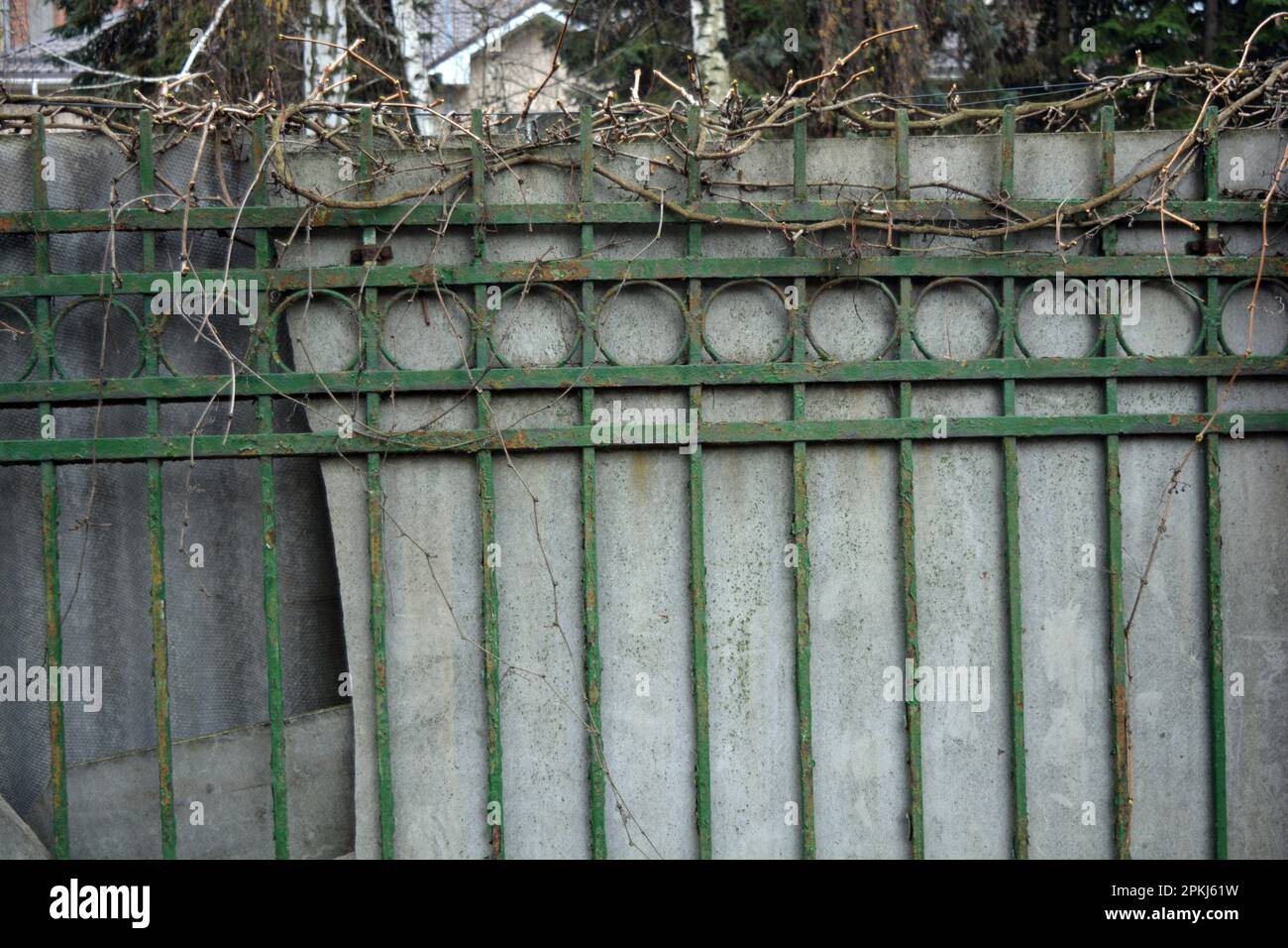 Una vecchia recinzione in metallo forgiato con cime, spille, anelli dell'epoca sovietica dipinti con vernice verde con ardesia grigia. Foto Stock