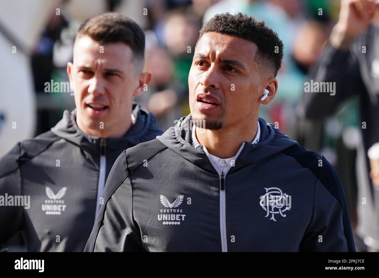 James Tavernier di Rangers arriva per la partita Cinch Premiership al Celtic Park, Glasgow. Data immagine: Sabato 8 aprile 2023. Foto Stock