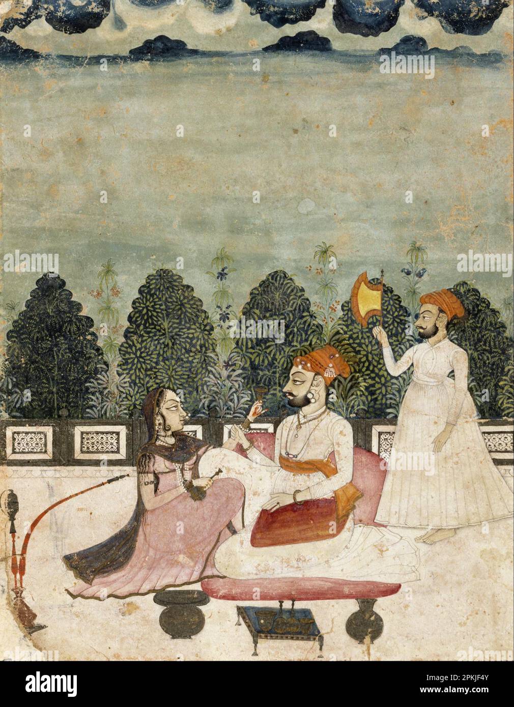 Untitled (Two Men and Woman on Terrace) 1700/1799 di Unknown artist (indopersiano) Foto Stock