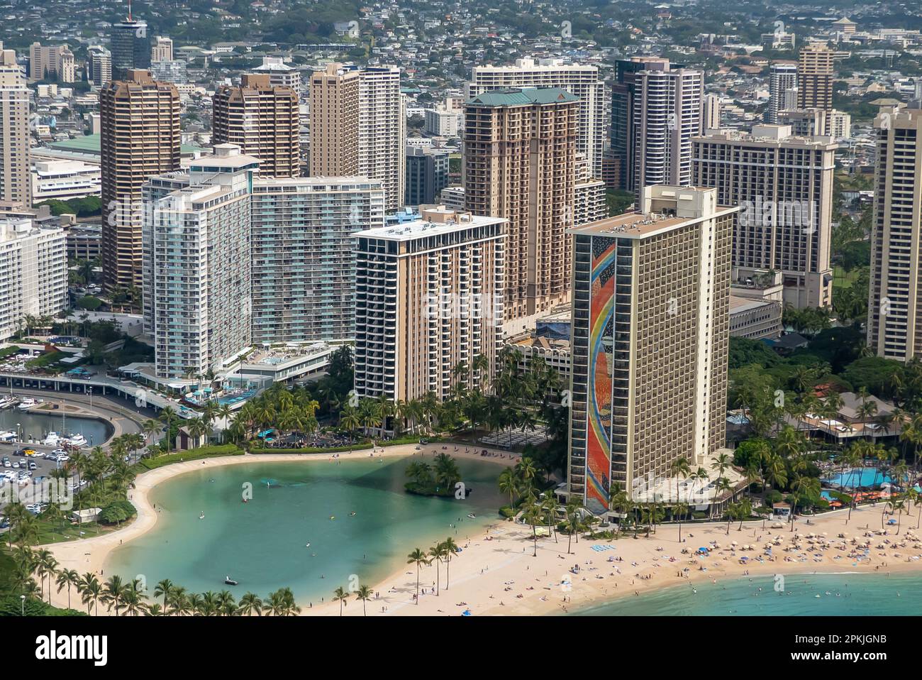 Hawaii: Il nostro viaggio in elicottero intorno all'isola di o'AHU. Kahanamoku Beach e l'Hilton Lagoon Foto Stock