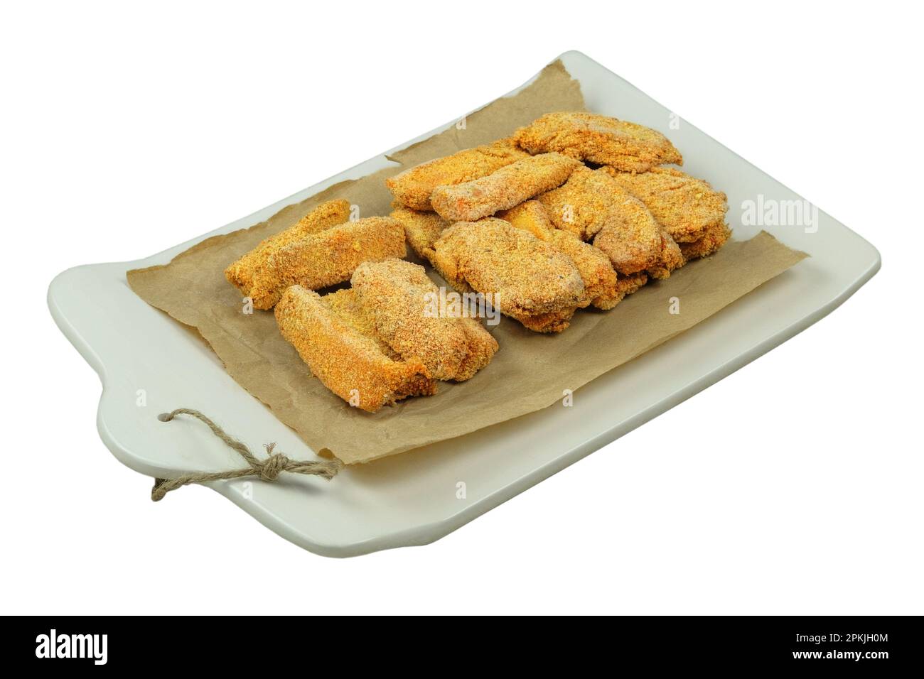 Il pepite di pollo d'arancia congelato impacca la consistenza nel frigorifero del mercato. Cucina casalinga. Fast food. Primo piano. Foto Stock