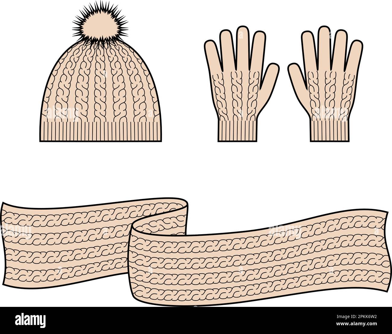 Berretto, sciarpa e guanti in maglia. Illustrazione Vettoriale