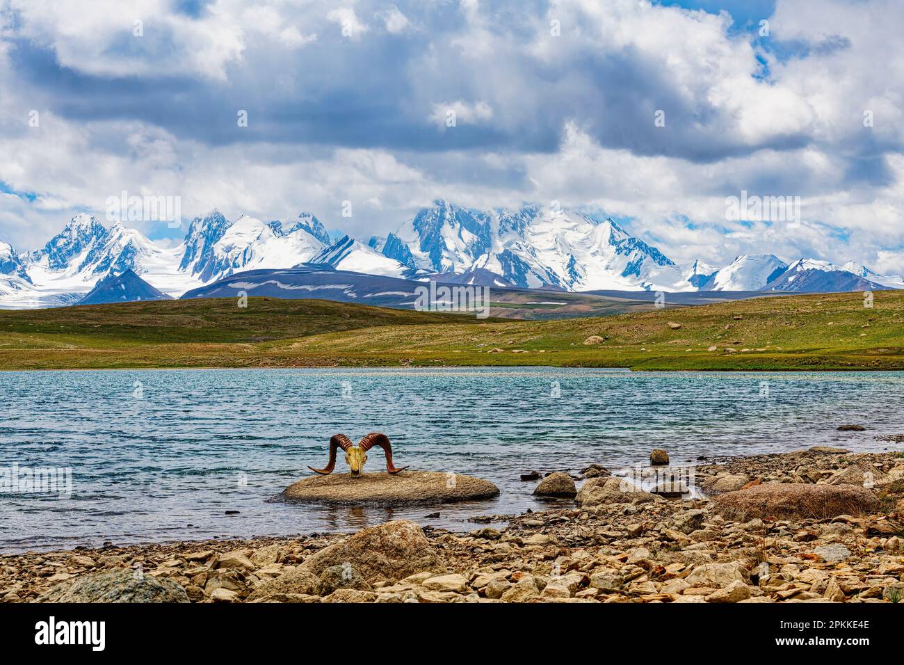 Dream Lake e Marco Polo Agali cranio, Kakshaal anche montagne, Tian Shan al confine cinese, Naryn Regione, Kirghizistan, Asia centrale, Asia Foto Stock