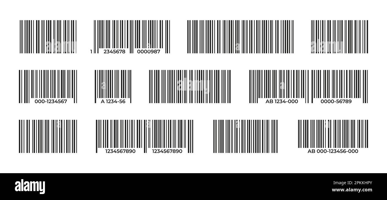 Raccolta dei codici a barre. Etichetta nera con codice a barre per l'identificazione del prodotto, etichetta del prezzo della drogheria, sistema di distribuzione del supermercato con elementi dati riga. Set vettoriale. Adesivi per negozi al dettaglio o negozi Illustrazione Vettoriale