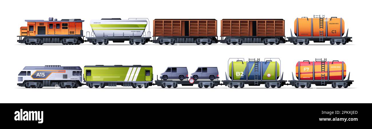 Treno merci. Cartone animato trasporto merci trasporto locomotiva carro con container, servizio di trasporto ferroviario con trasporto merci. Raccolta vettoriale. Trasporto merci, transito Illustrazione Vettoriale