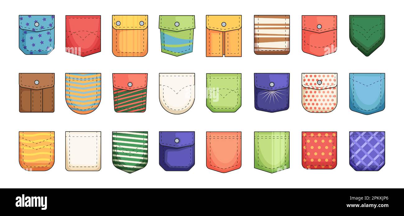 Collezione di tasche cartoni animati. Tasche cargo e patch per abiti, icone in tessuto casual uniforme stile piatto, design patch in tessuto moda. Set con isolamento vettoriale. Abbigliamento femminile e maschile colorato Illustrazione Vettoriale
