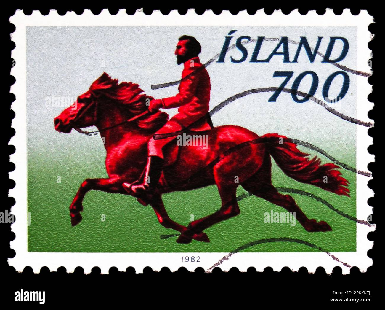 MOSCA, RUSSIA - 26 MARZO 2023: Francobollo stampato in Islanda spettacoli Riding, circa 1982 Foto Stock