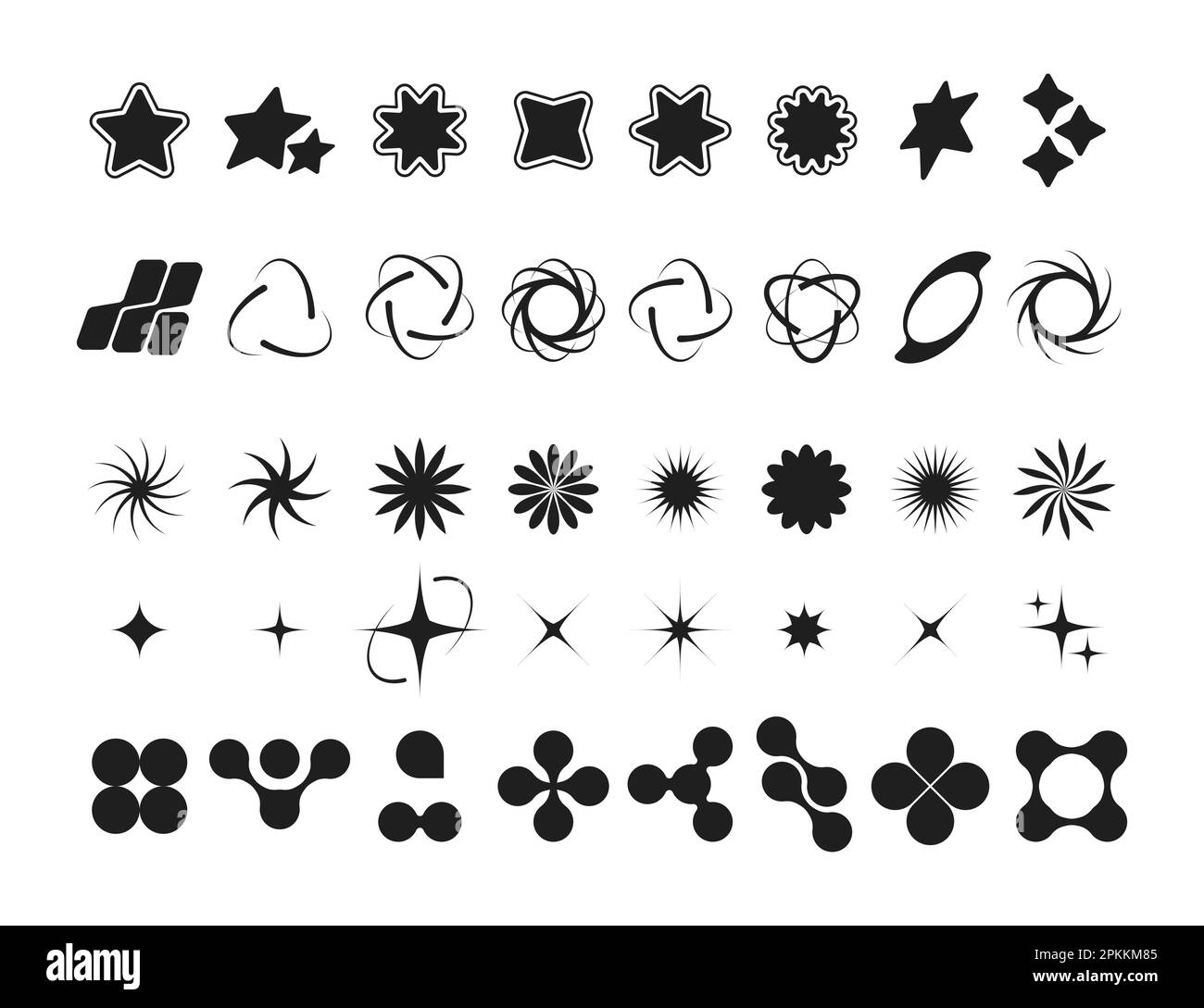 Y2K simboli neri. Elementi geometrici futuristici retrò, 70s 80s simboli decorativi moderni globo stella freccia pianeta. Set con isolamento vettoriale. Stelle brillanti, cosmo o elementi galassici, icone geometriche Illustrazione Vettoriale
