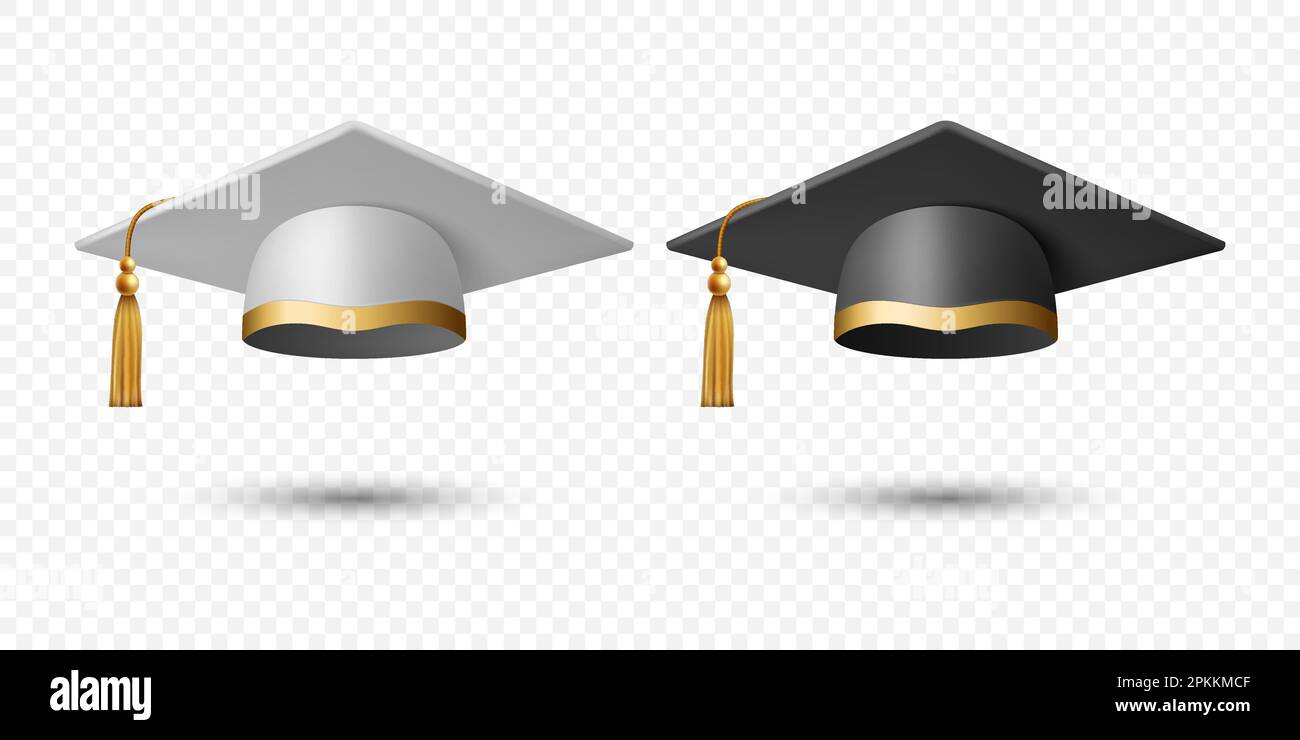 Vector 3D realistic White and Black Graduate College, High School, University Cap Icon Set Closeup isolato. Cappello per cerimonia di laurea Vector. Educativo Illustrazione Vettoriale