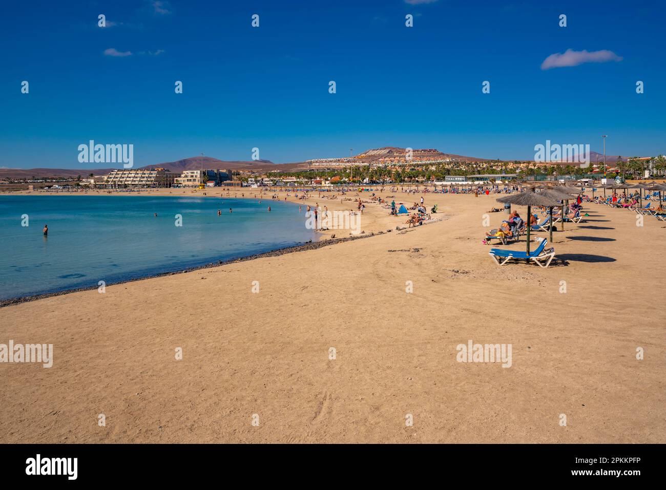 Vista della spiaggia di Playa del Castillo a Castillo Caleta de Fuste, Fuerteventura, Isole Canarie, Spagna, Atlantico, Europa Foto Stock